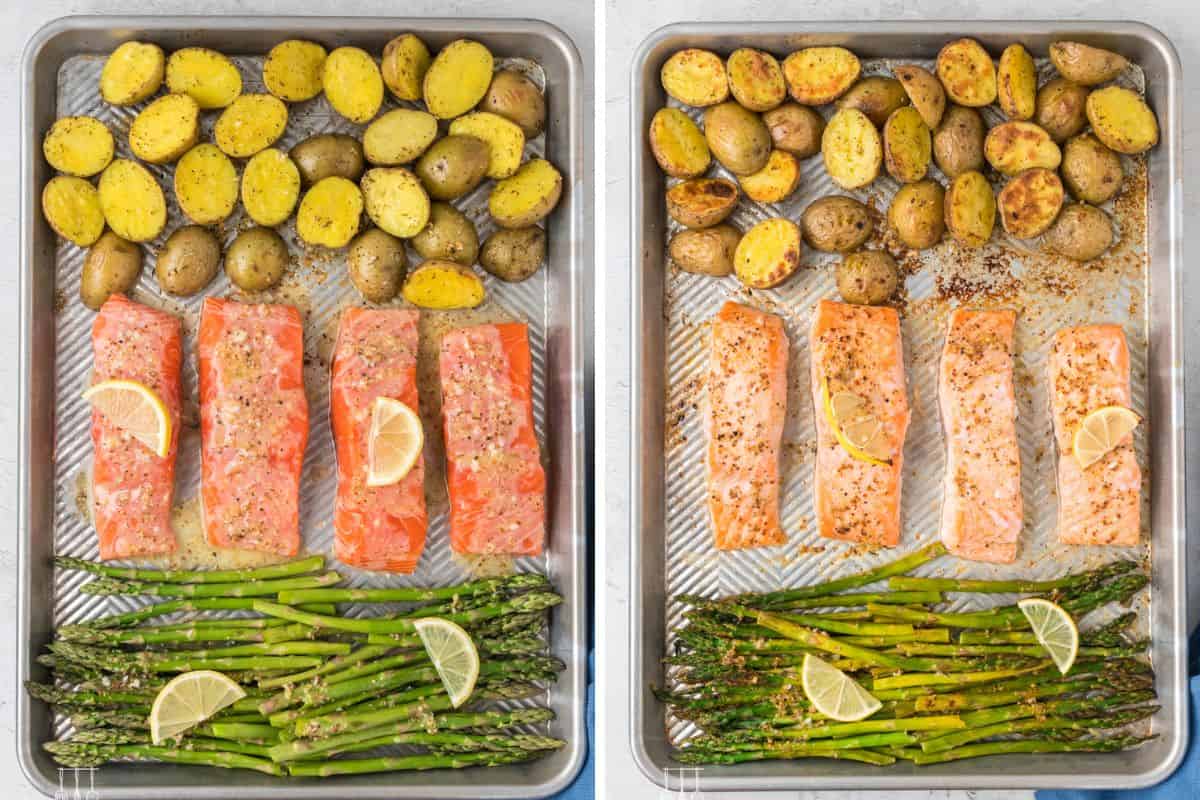 Collage photo. Left: A baking tray filled with halved potatoes, four pieces of salmon, and halved asparagus. Right: A baking tray filled with halved potatoes, four pieces of salmon, and halved asparagus. after it is all done with baking. 