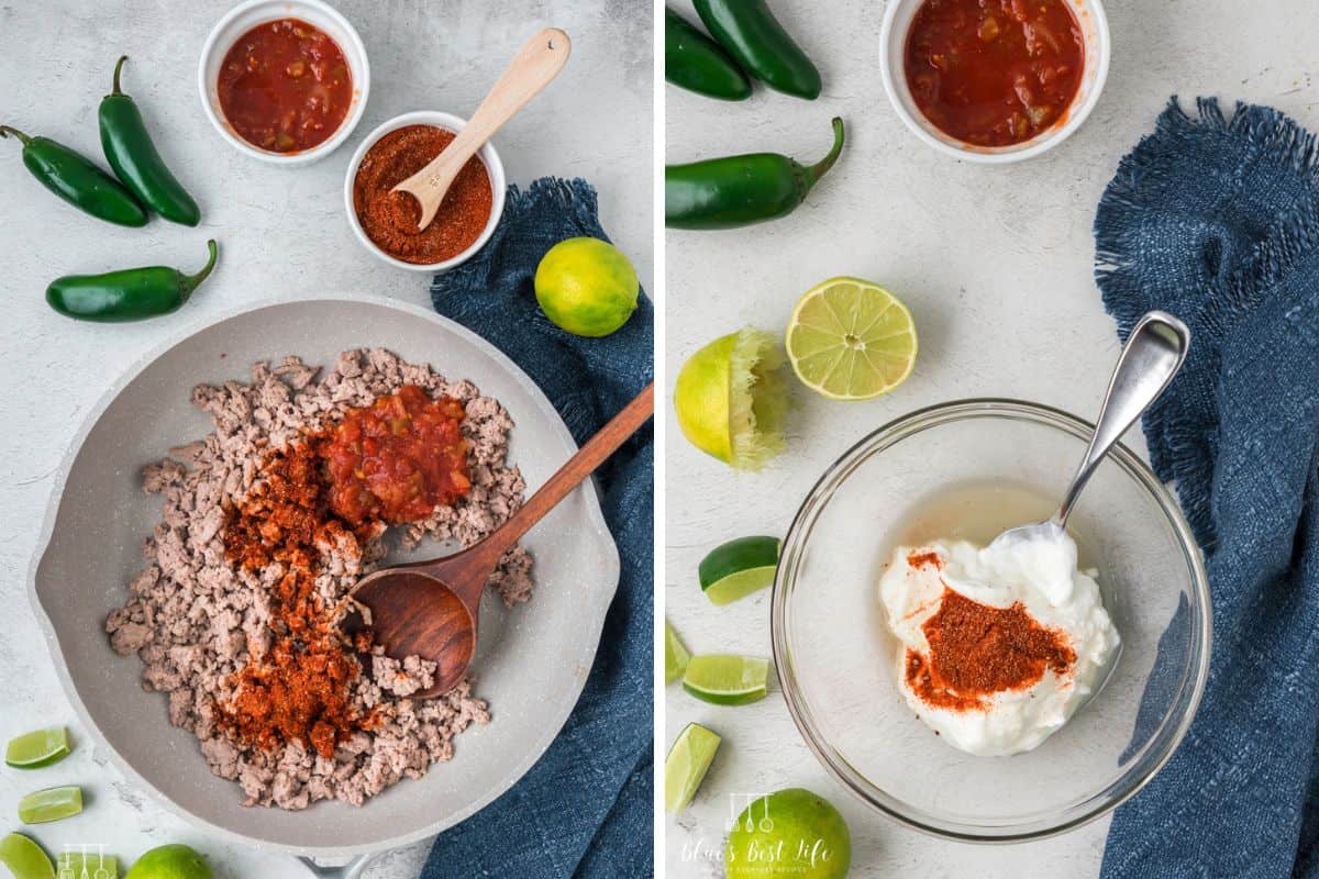 Photo Collage: Left: Browning the taco meat in a skillet with the spices. Right: making the dressing in a clear bowl. 