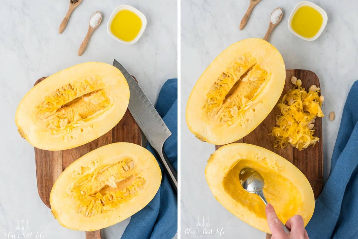 Cutting the squash and scooping out the seeds.