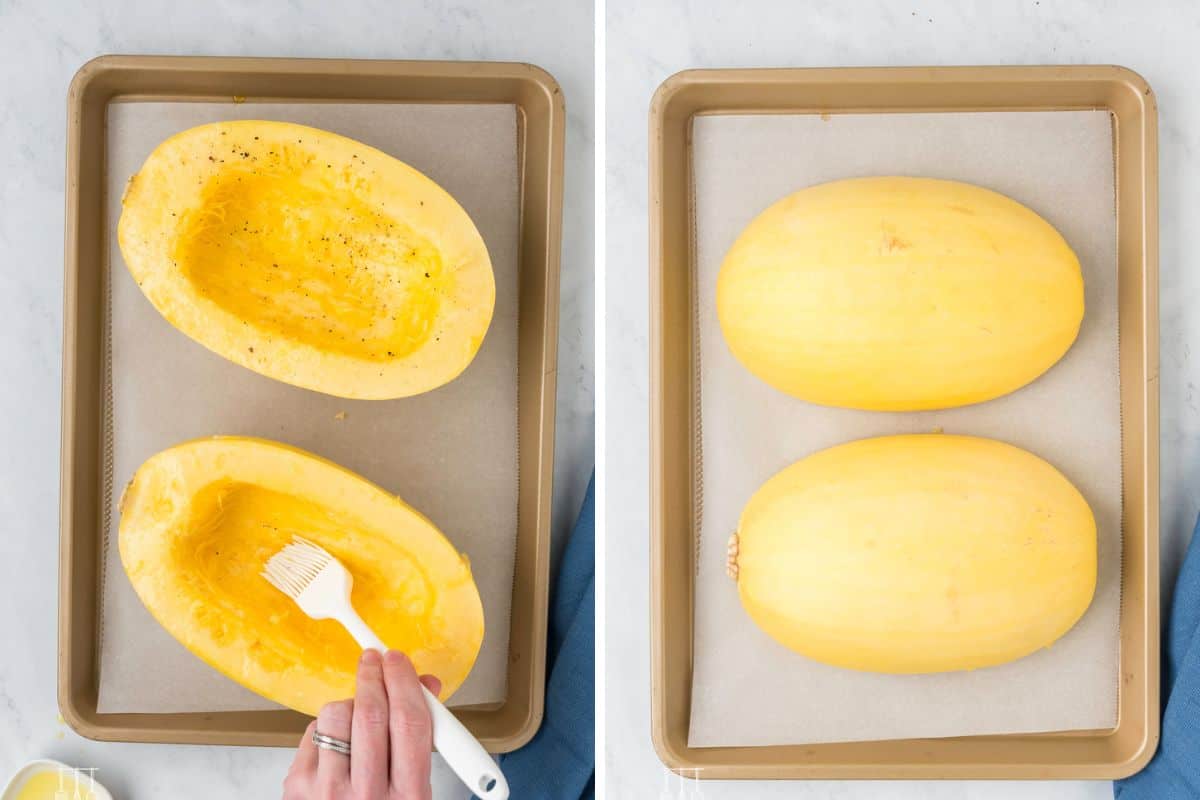 Brushing the squash with olive oil and placing on the baking sheet.