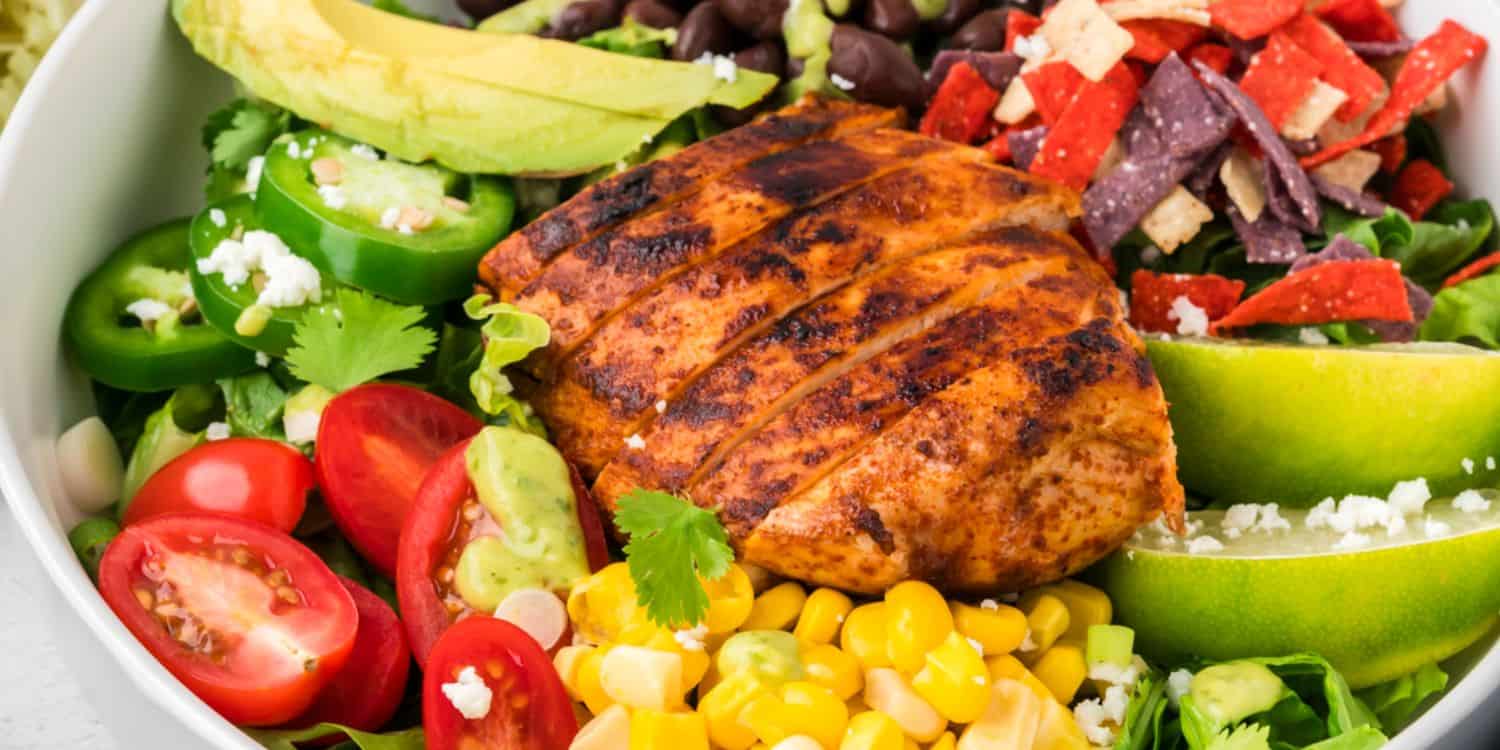 Santa Fe Chicken Salad With Cilantro Avocado Dressing served on a bowl. 