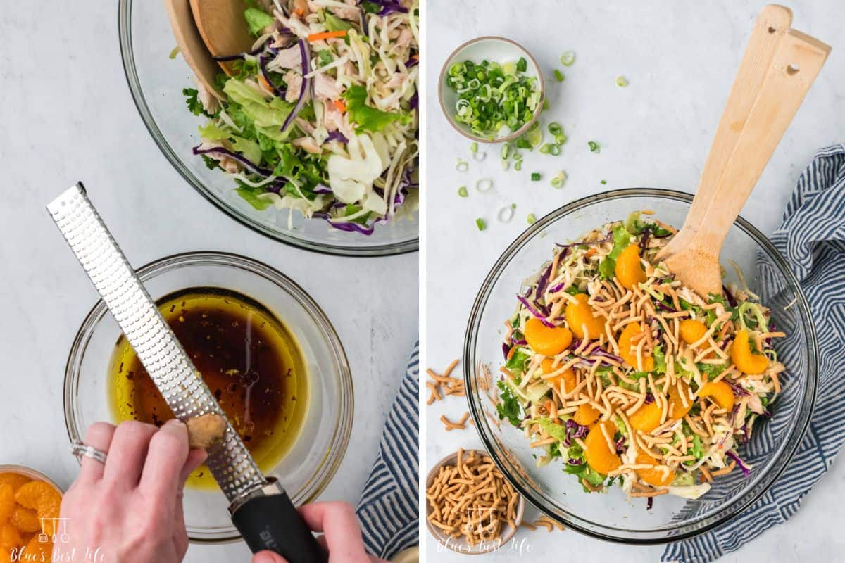 Photo Collage. Left: Making the dressing and grating a ginger into the bowl. Right: adding the remaining ingredients and mixing it all together in a clear bowl. 