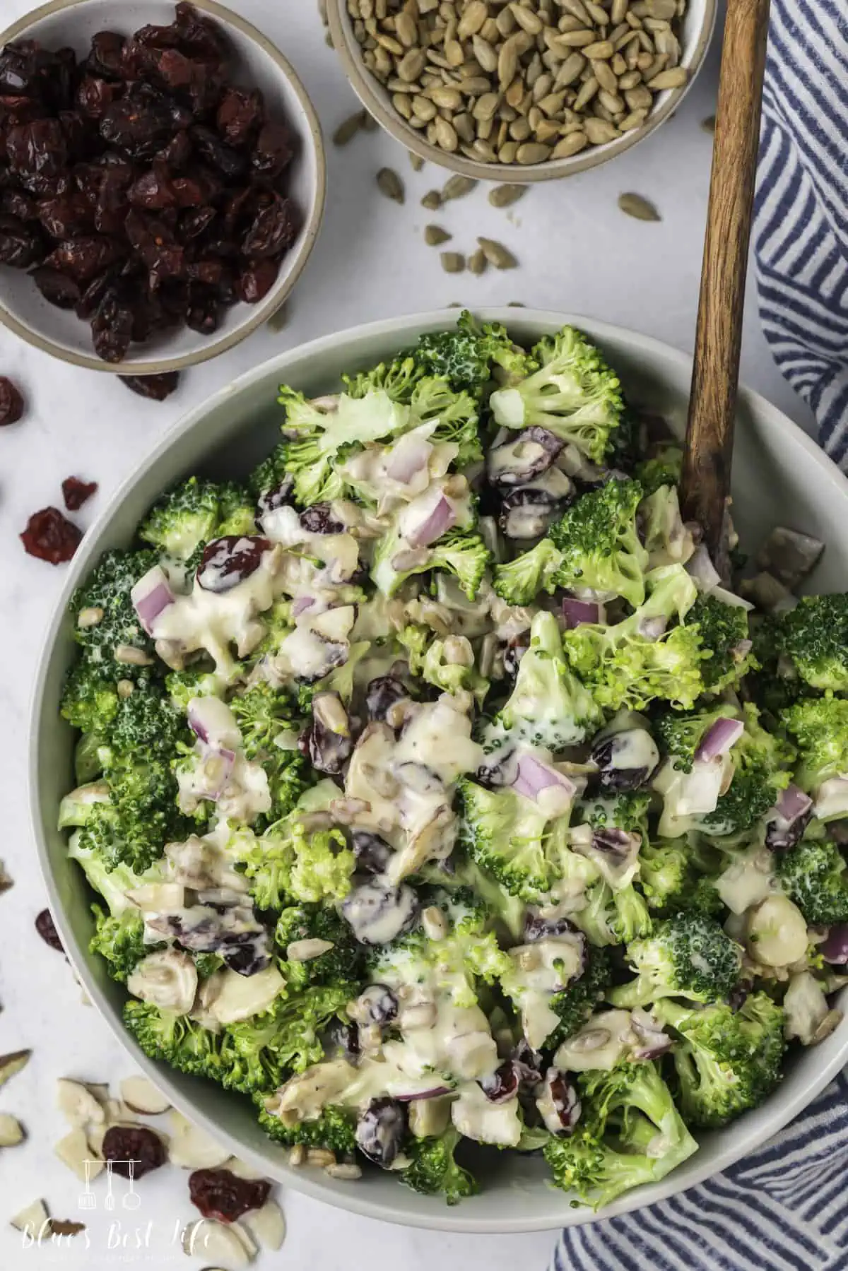 A bowl with broccoli salad. 