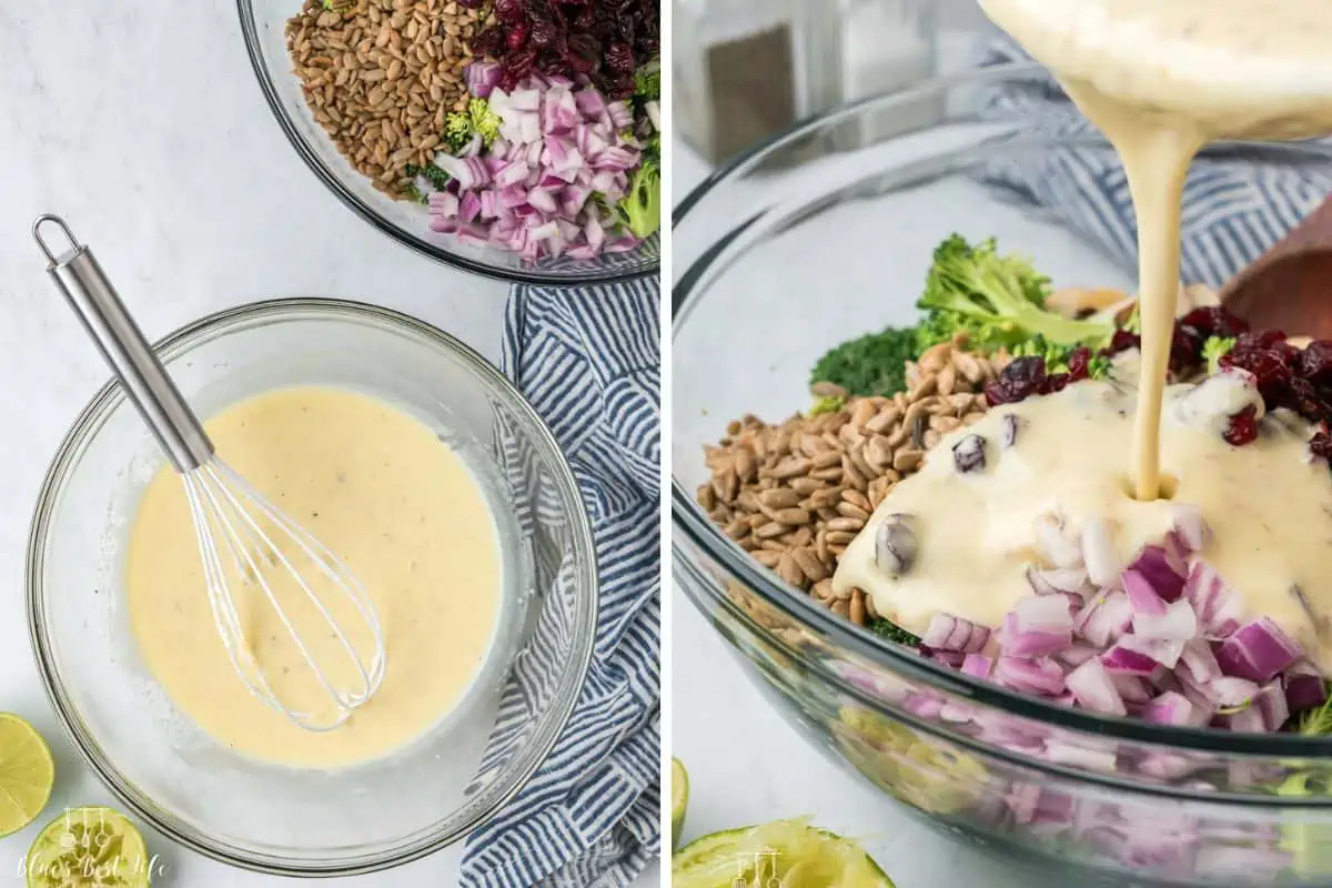 Mixing the dressing ingredients and pouring over the salad. 