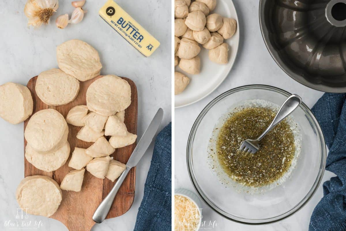 Cutting the biscuits and making the garlic butter.