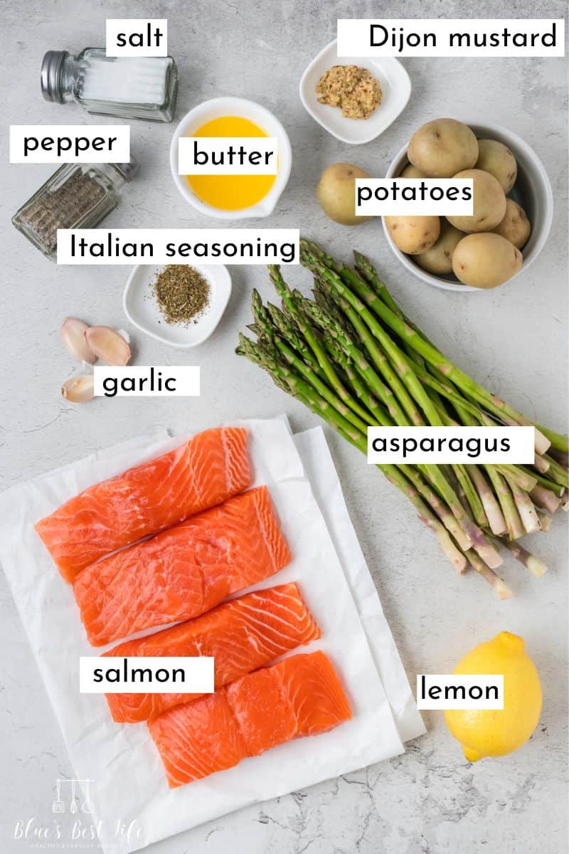 Ingredients for the Salmon With Asparagus: Salt & pepper, Dijon Mustard, Butter, Italian Seasoning, Asparagus, Salmon, Potatoes, Lemon