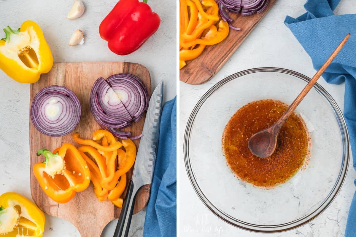 Photo Collage: Cutting the vegetables in a wooden board. Right: making the marinade in a clear bowl with a wooden spoon. 
