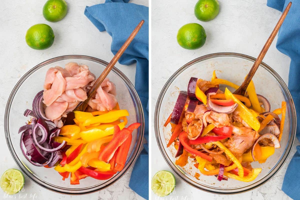 Photo Collage: Left: Mixing the ingredients together in a clear bowl. Right: Adding the vegetables and chicken to the marinade. 