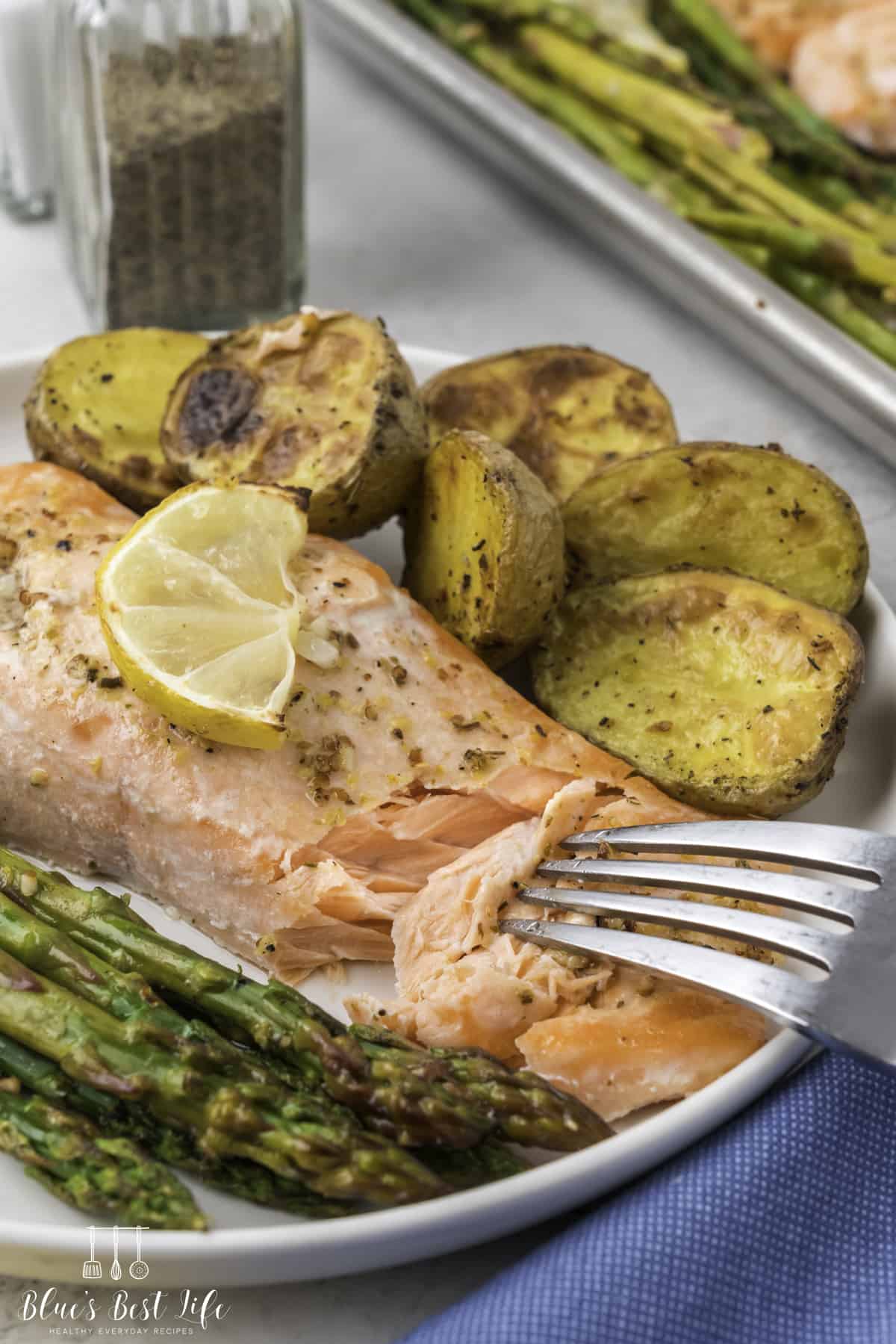 A close -up shot of a serving on a plate of Salmon with Asparagus and Potatoes. 