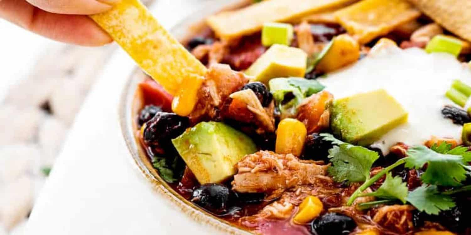 A close-up shot of Chicken Tortilla Soup, with a hand dipping nachos in the serving bowl. 