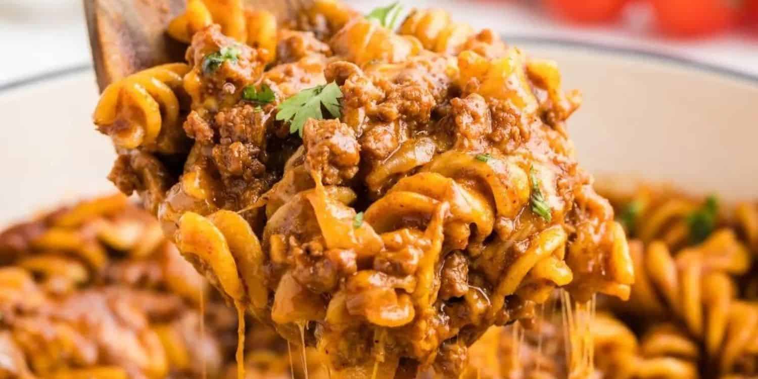 Close-up shot of Beef Enchilada Pasta. 