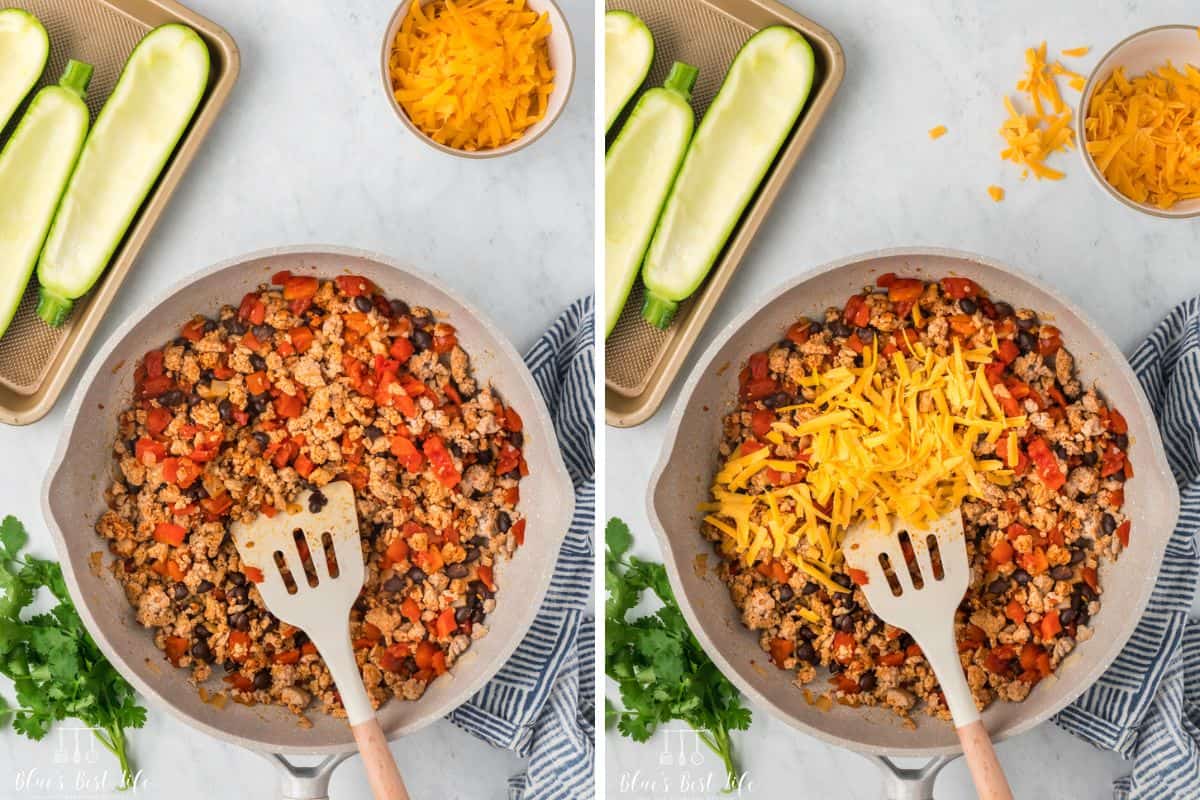 Collage photo. Left: completely cooked chicken taco stuffing. Right: adding the cheese to the chicken mix in a pot. 