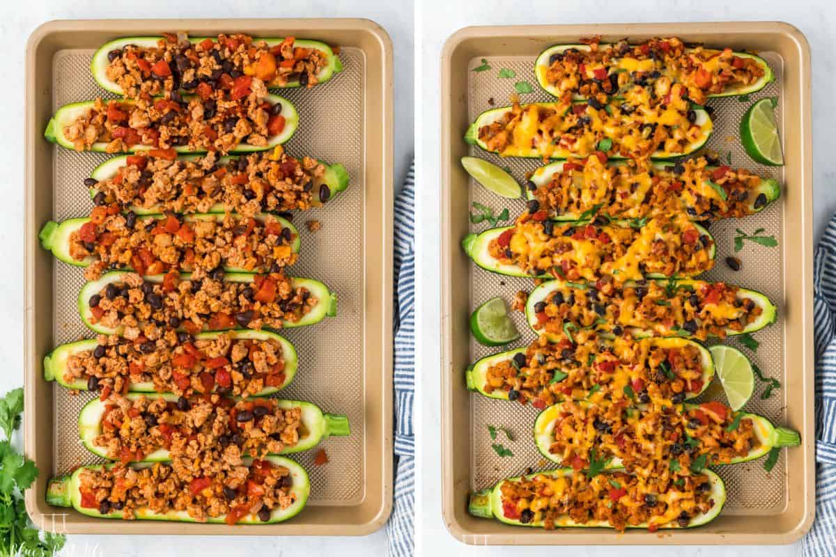 Collage photo. Left: Halved zucchinis, filled with chicken taco stuffing all laying flat on a baking tray. Right: Completely baked Zucchini Stuffed Taco Boats.