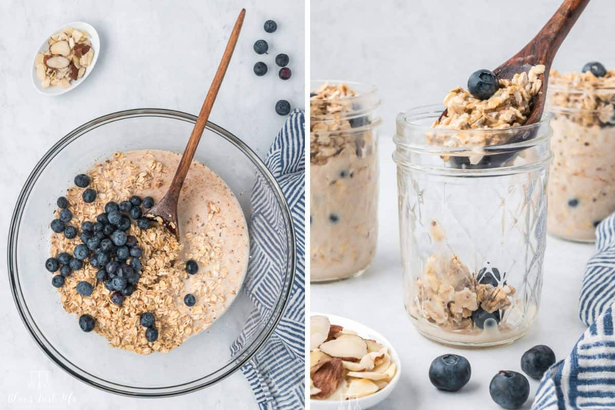 Side-by-side photo: Left: Mixing the oats and blueberries using a wooden spoon in a clear glass bowl. Right: adding portions to the mason jars.