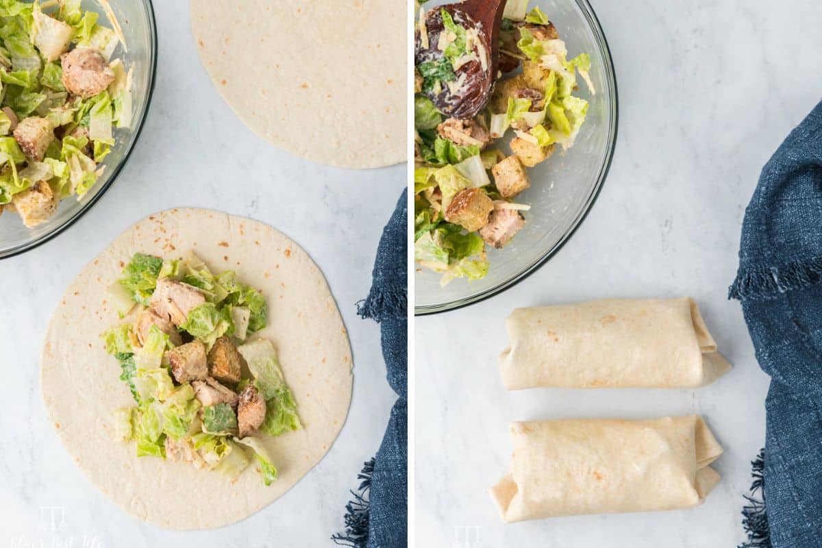 Collage photo. Left: Chicken Caesar Salad being wrapped in a tortilla. Right: Two completed Chicken Caesar Salad Wraps. 
