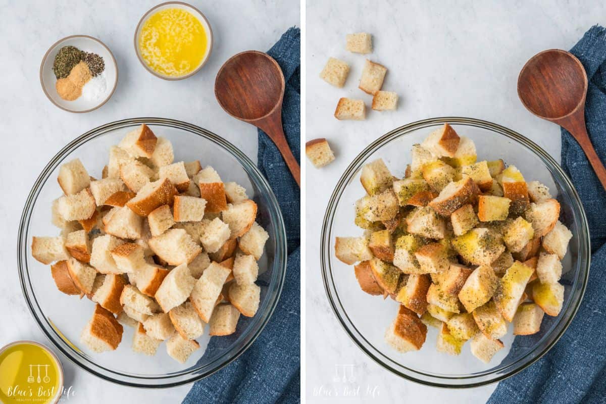 Stirring the butter, olive oil and seasoning over the bread cubes. 