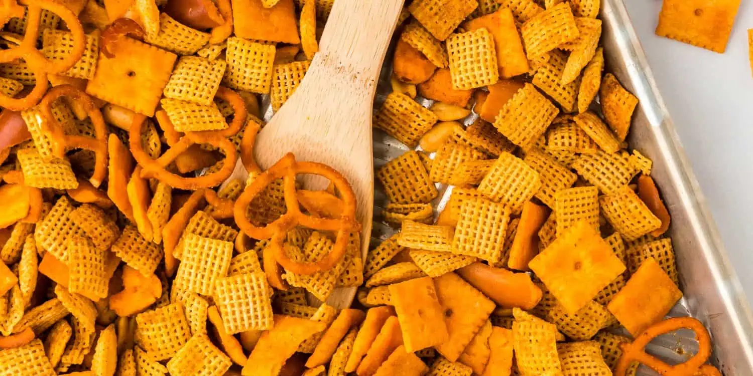 Cheesy homemade chex mix. 