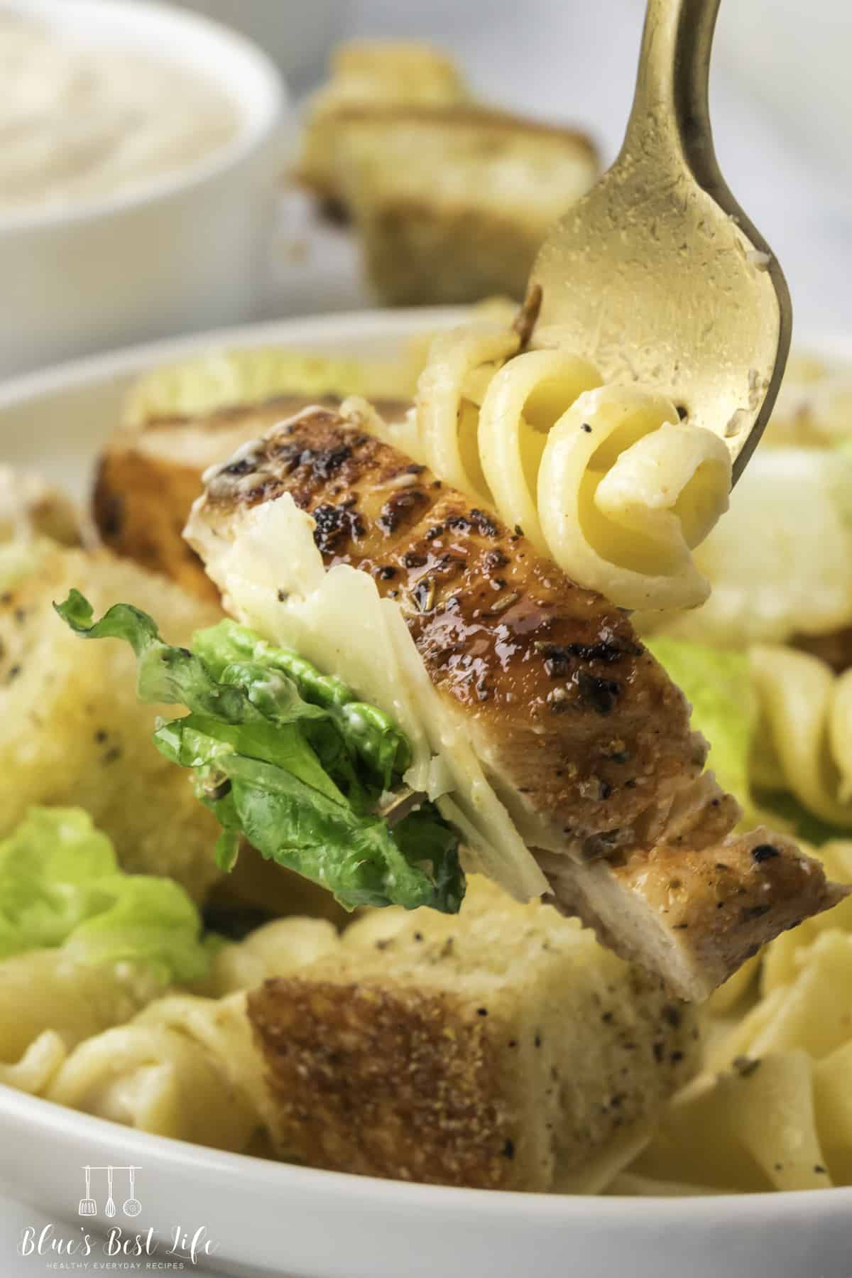 Close-up[ shot of a forkful of Chicken Caesar Pasta Salad from a bowl of Chicken Caesar Pasta Salad.