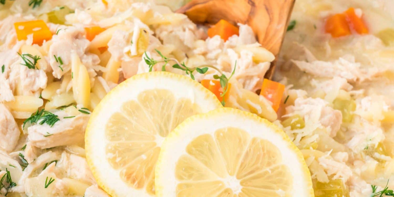 Close-up shot of Lemon Chicken Orzo Soup with two slices of lemon. 