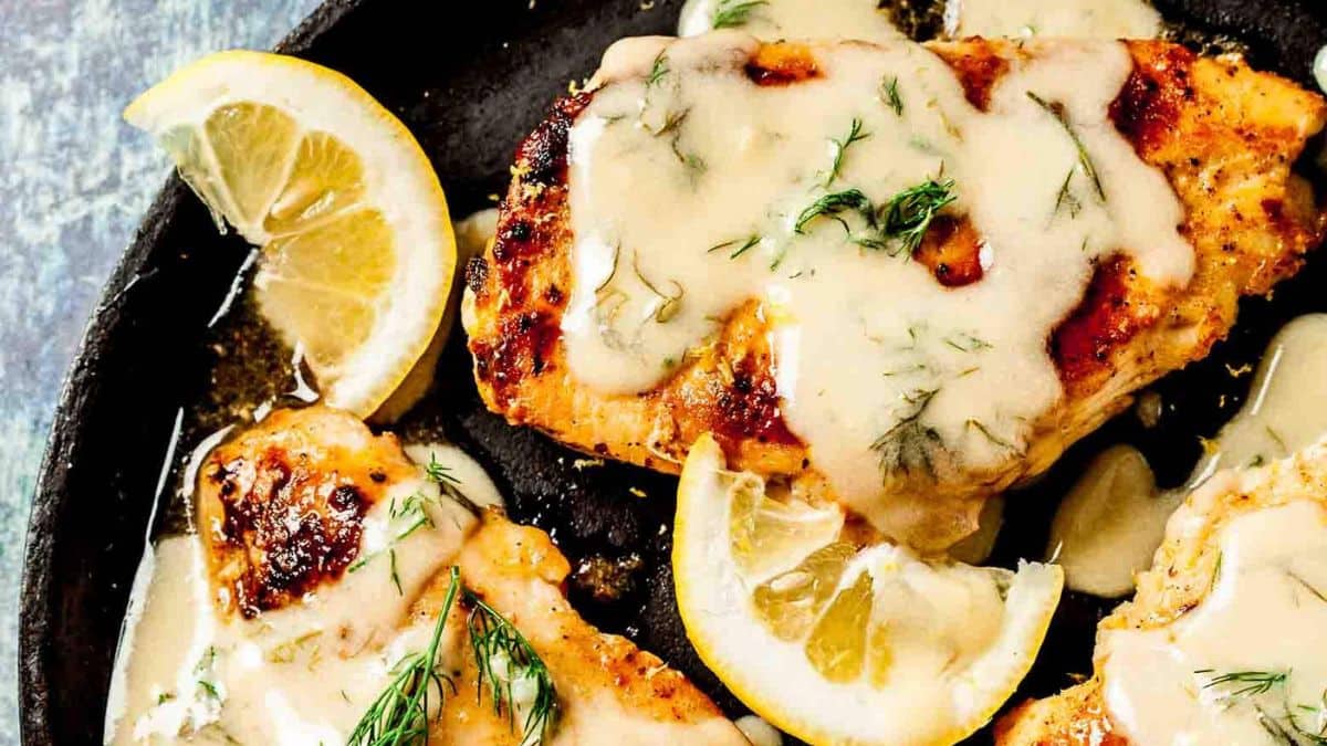 A close-up shot of Creamy Lemon Chicken served on a plate. 