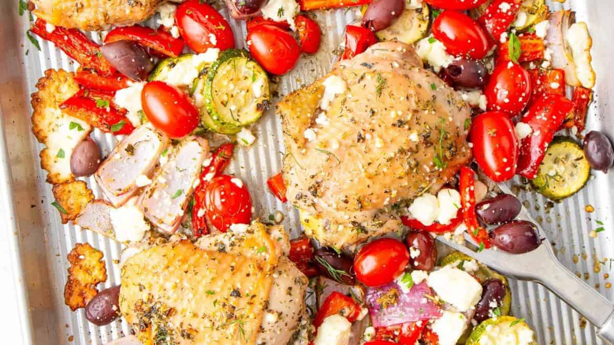 A close up shot of Mediterranean Sheet Pan Chicken