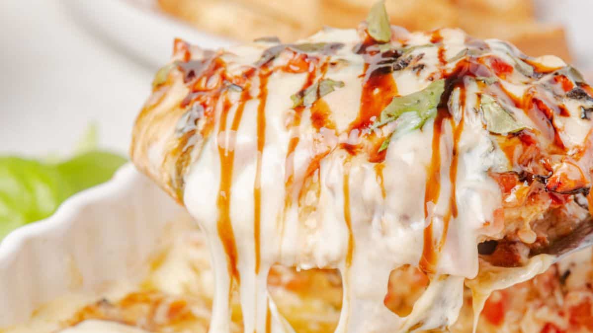 A close up shot of Bruschetta Chicken Bake