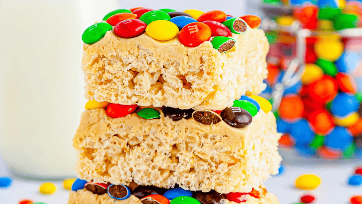 Rice Krispie Treats with Peanut Butter Frosting topped with M&M candy