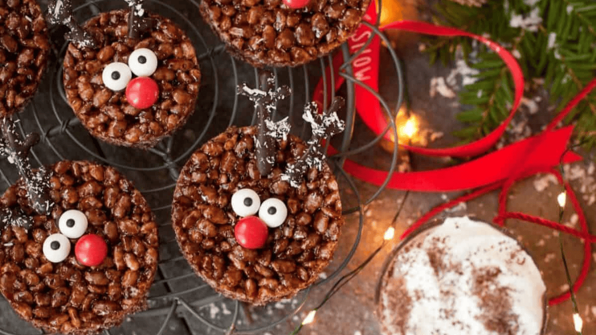 round brown Rice Krispie Treats decorated like reindeer face 