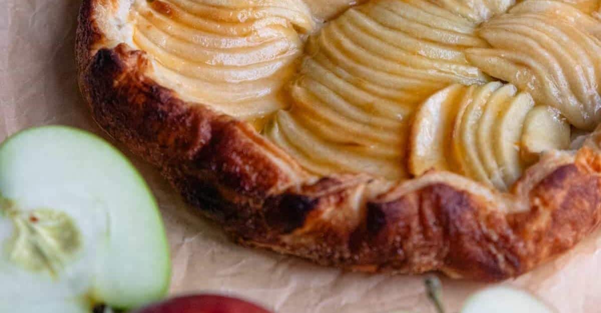 part of a baked galette with thinly sliced apples