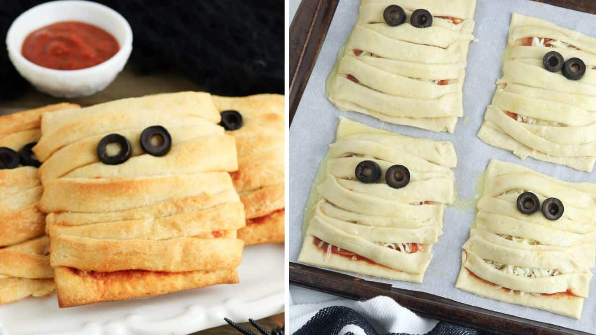 Crescent Roll Mummy Pizza Pockets for Halloween