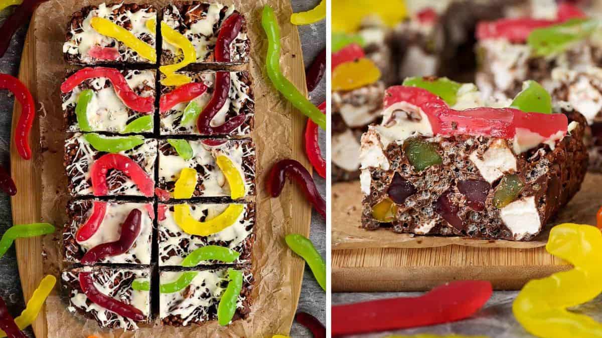 two photos of cereal bars packed with chocolate bits, marshmallows, and gummy worms