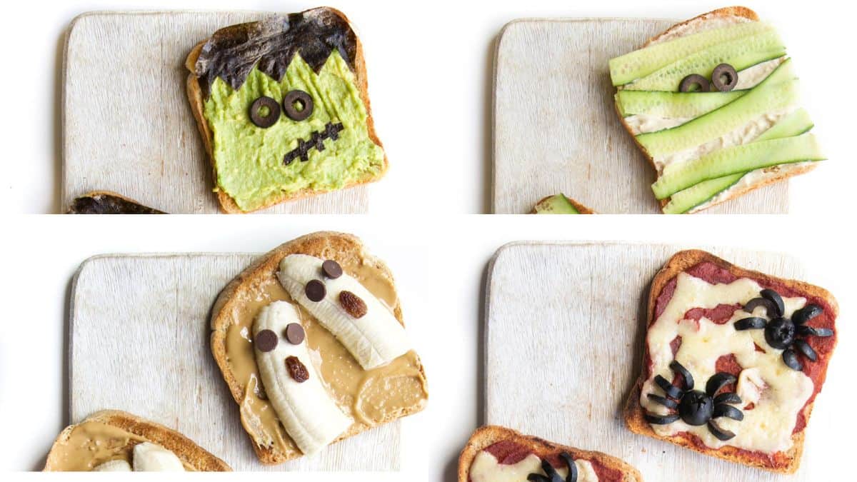 four different toasts, from left top: toast decorated as frankenstein, then mummy with cucumber strips, peanut butter and banana, and pizza with black olives spider