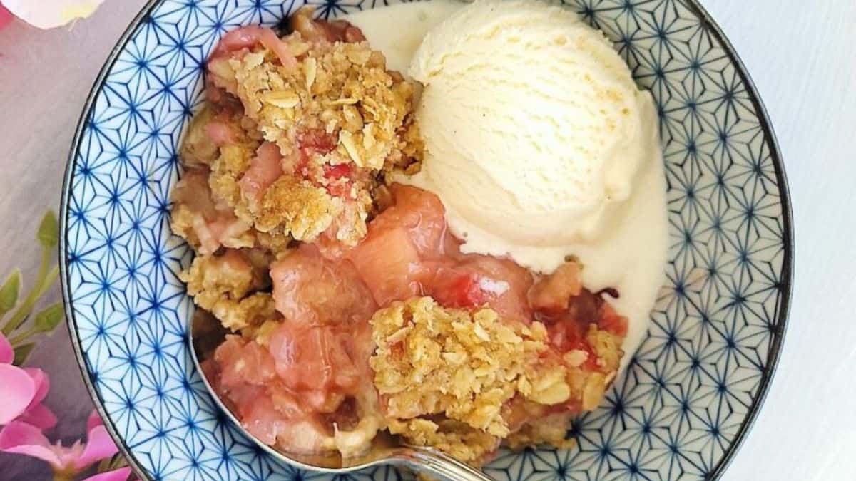 a bowl with rhubarb crisp and vanilla ice cream