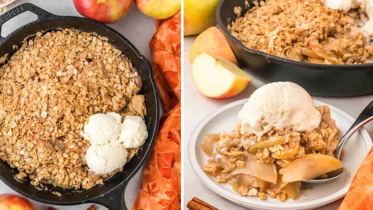 two photos of skillet with apple crisp with oat topping and vanilla ice cream
