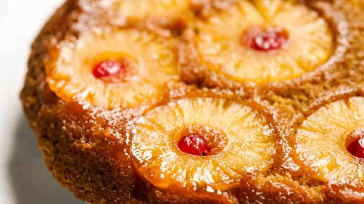 pineapple upside down cake with cherries in each pineapple ring