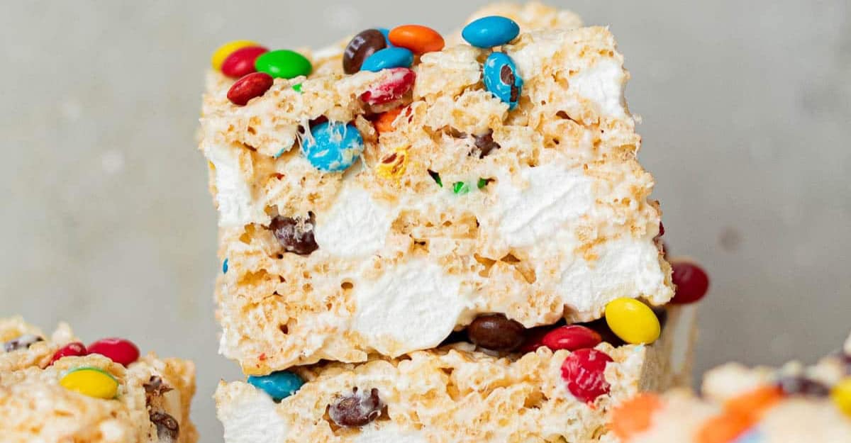Mini M&M Rice Krispie Treats with marshmallows 
