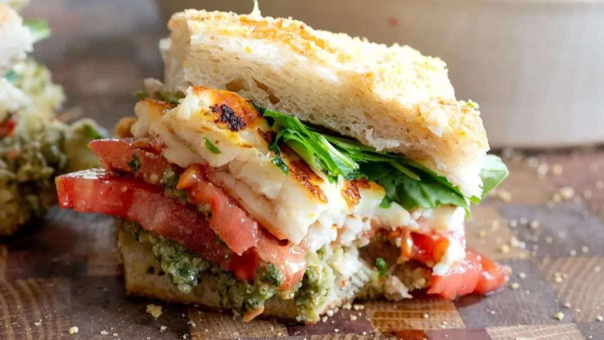 Grilled Halloumi Sandwich with Pesto and Balsamic Tomatoes