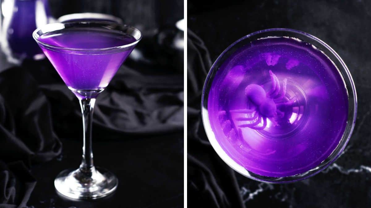 purple shimmery cocktail in a martini glass