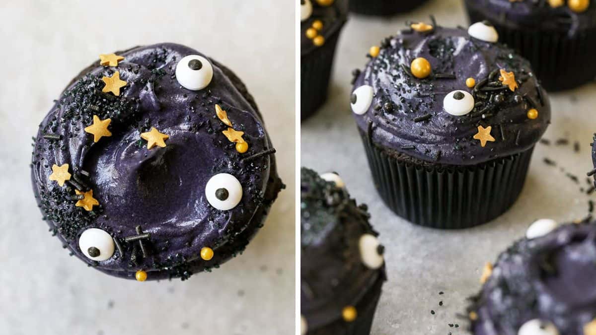 two photos of a black cupcake decorated with golden stars and googly eyes