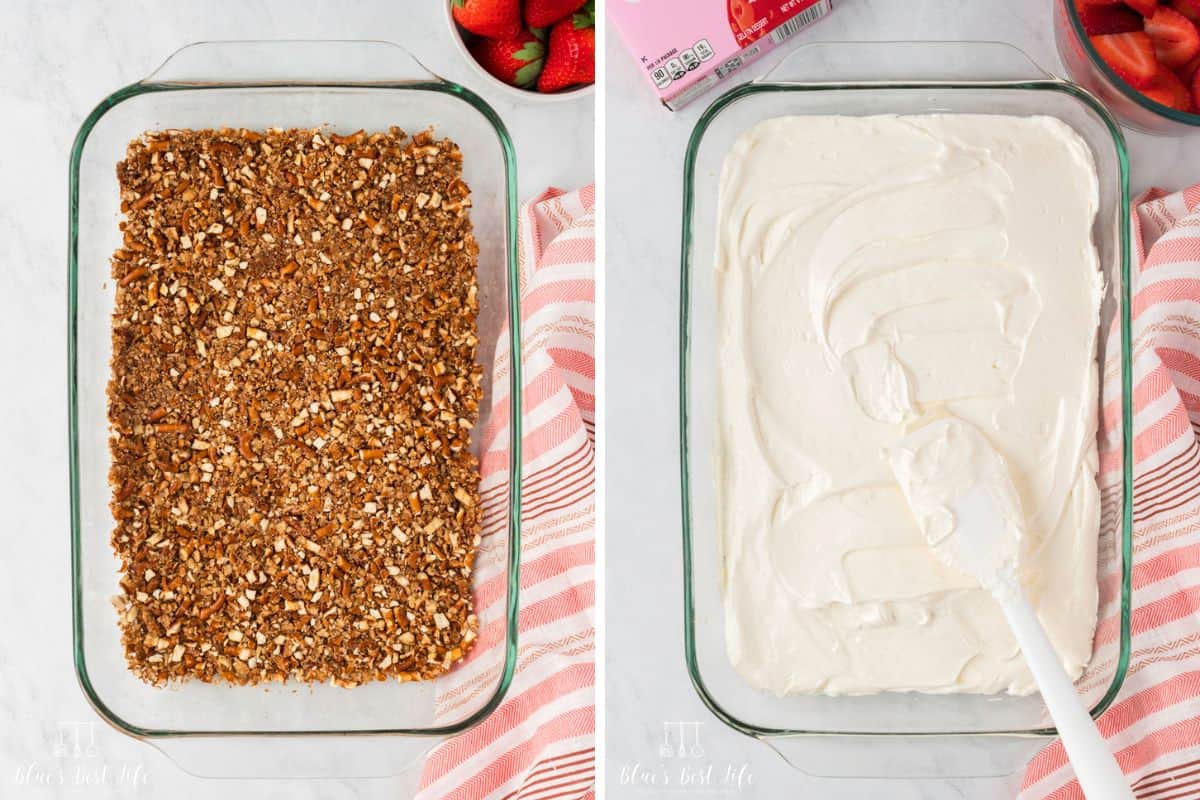 A layer of pretzel crust and layer of cream cheese mixture in the baking dish