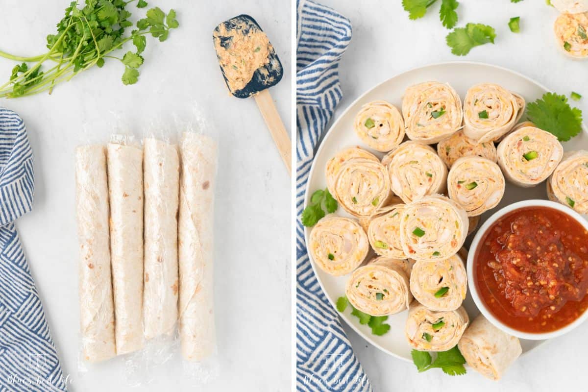 Rolling the pinwheels and then arranging them on the platter. 