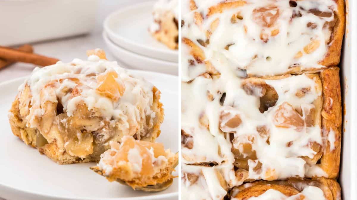 two photos with cinnamon rolls bakes with apples and topped with cream cheese frosting
