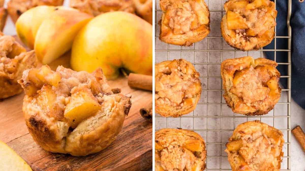 two photos of apple pie bites baked in puff pastry