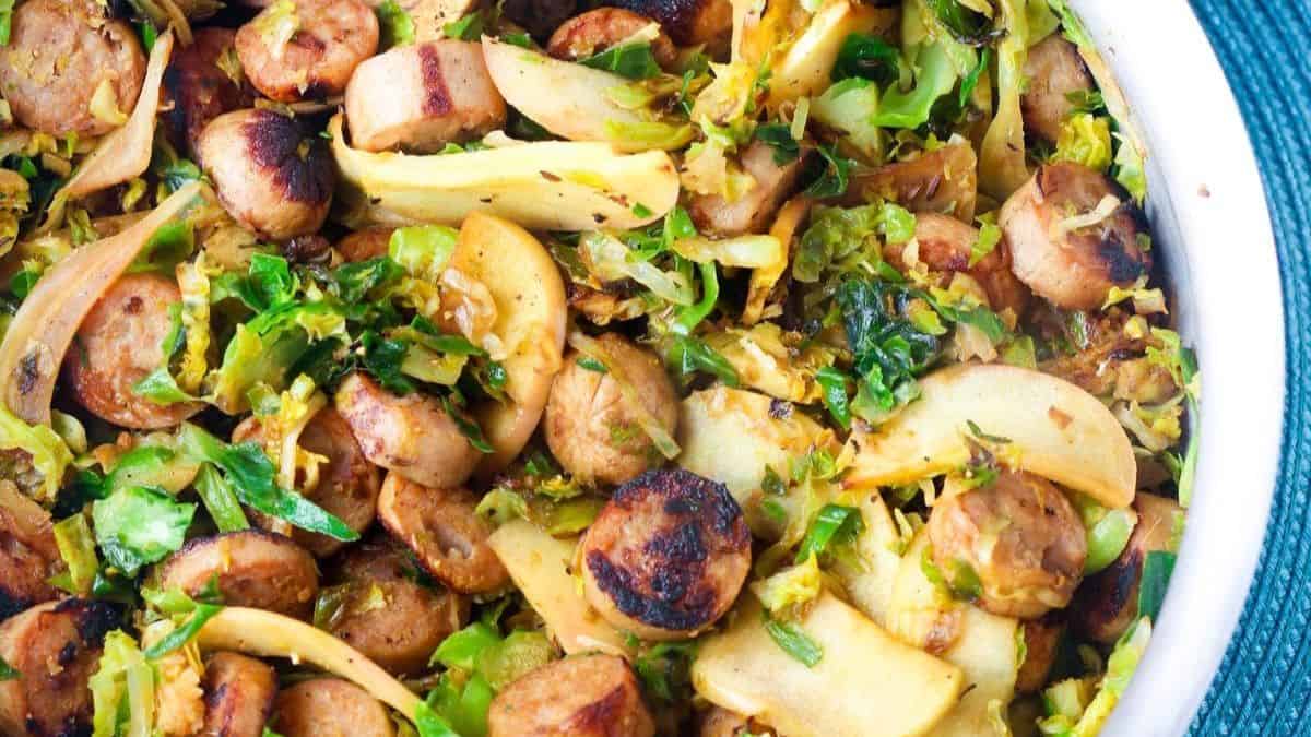 Saut&eacute;ed Sweet Apple Chicken Sausage and Brussels Sprouts