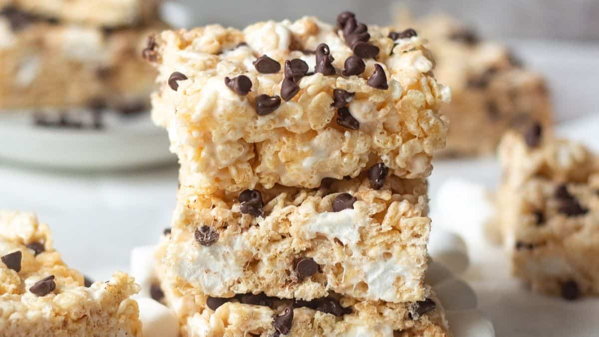 stacked Rice Krispie Treats With Chocolate Chips