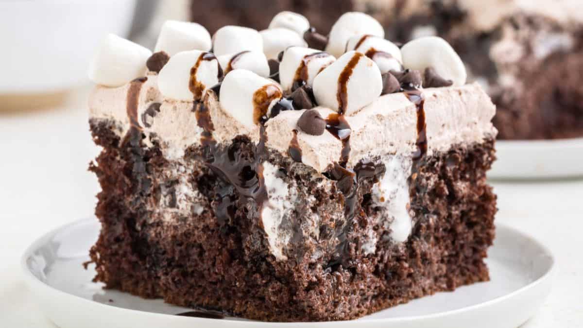 Hot Chocolate Poke Cake are dessert recipes with marshmallow fluff. 