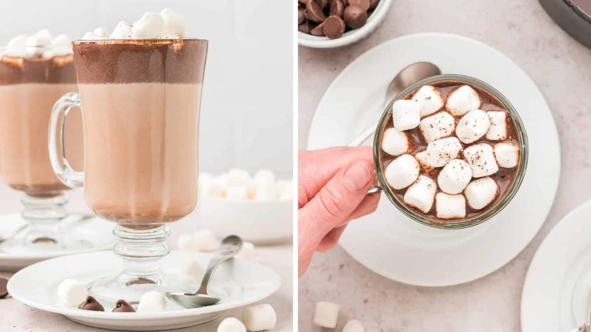 hot chocolate in a clear mug with marshmallows