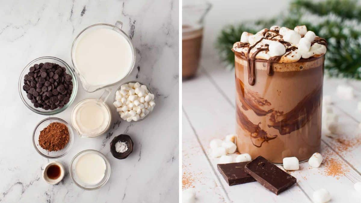hot chocolate with chocolate syrup and marshmallows
