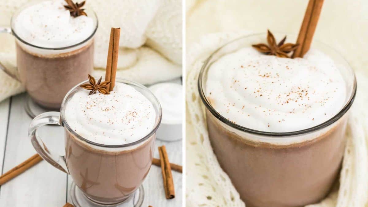 hot chocolate with whipped cream and a cinnamon stick