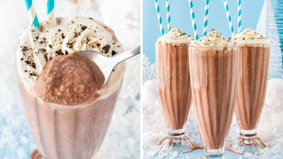 frozen hot chocolate in tall milkshake glasses 